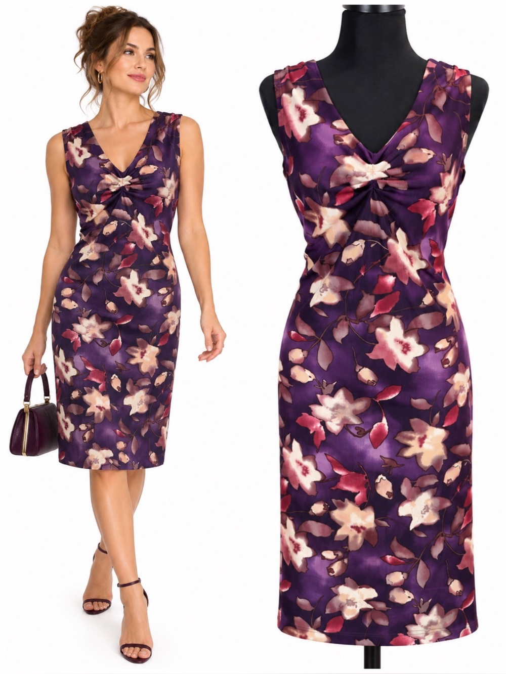 Vintage 90s Nikki Morgan Floral Dress 14P Petite Purple Career Wedding V-Neck